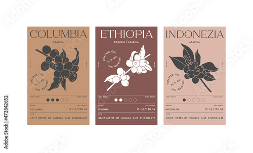 Vector set illustration design labels for coffee packages. Minimalistic and modern design with coffee beans branch.