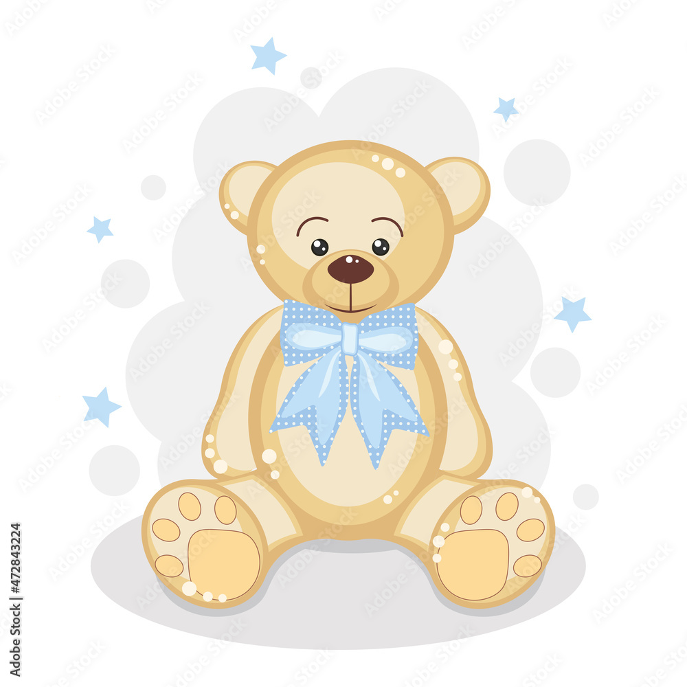 Fototapeta premium Cute bear with blue bow and stars. Background for posters, invitation, postcard, greeting card, labels, baby shower, wallpapers, textiles, papers, fabrics, web pages.