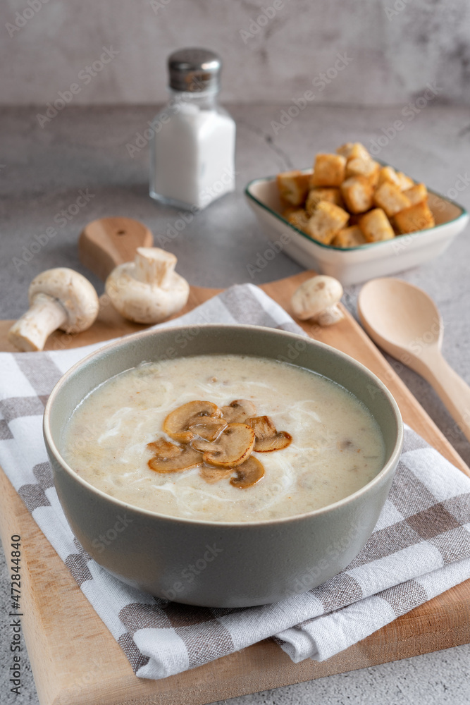 Mushroom champignon soup with fried mushroom topping. Mushroom champignon soup with fried mushroom topping.