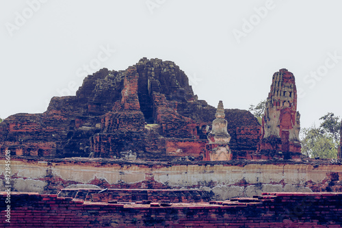 Remnants of the ancient ruins of Wat Chaiwatthanaram, part of the famous Ayutthaya Historical Park in Thailand