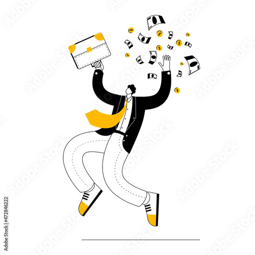 A happy businessman with a briefcase in his hand. Vector illustration in a outline style on the topic of business success.