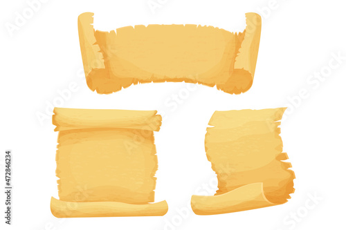 Set Parchment paper, scroll papyrus, empty frame, blank in cartoon style detailed isolated on white background stock vector illustration. Textured ui asset, medieval, antique element.