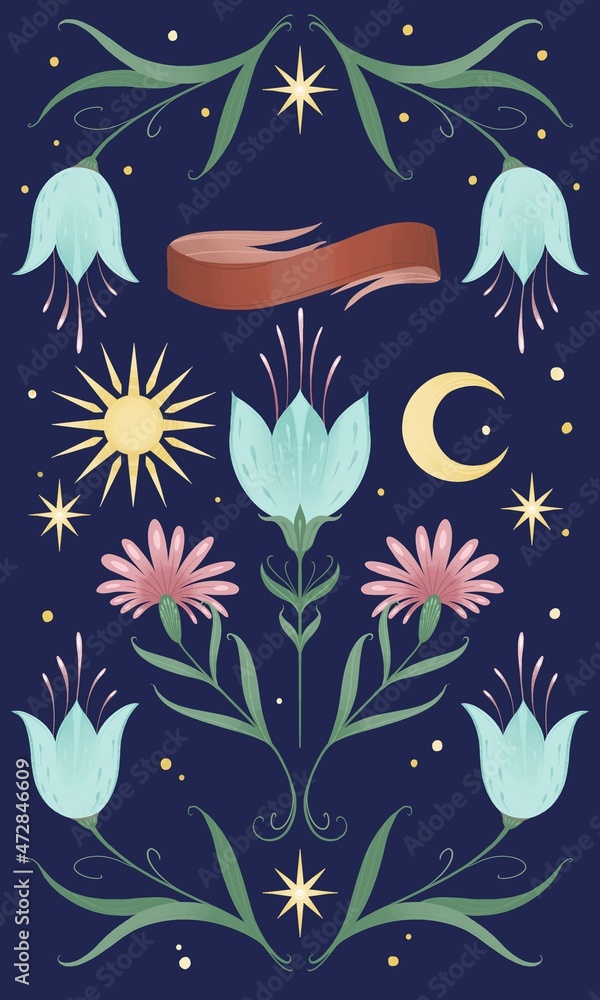 Fototapeta premium Kwiaty print symetryczne księżyc i słońce Floral symetric moon and sun 