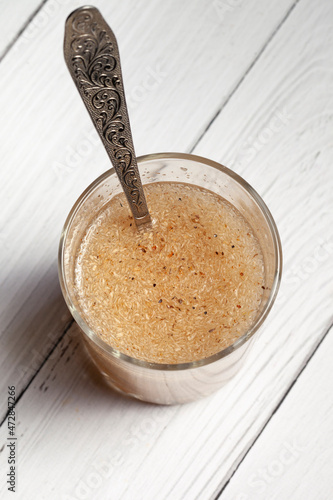 Canvas Print Psyllium husk or isabgol which is fiber derived from the seeds of Plantago ovata, usually mixed with water and consumed for curing constipation