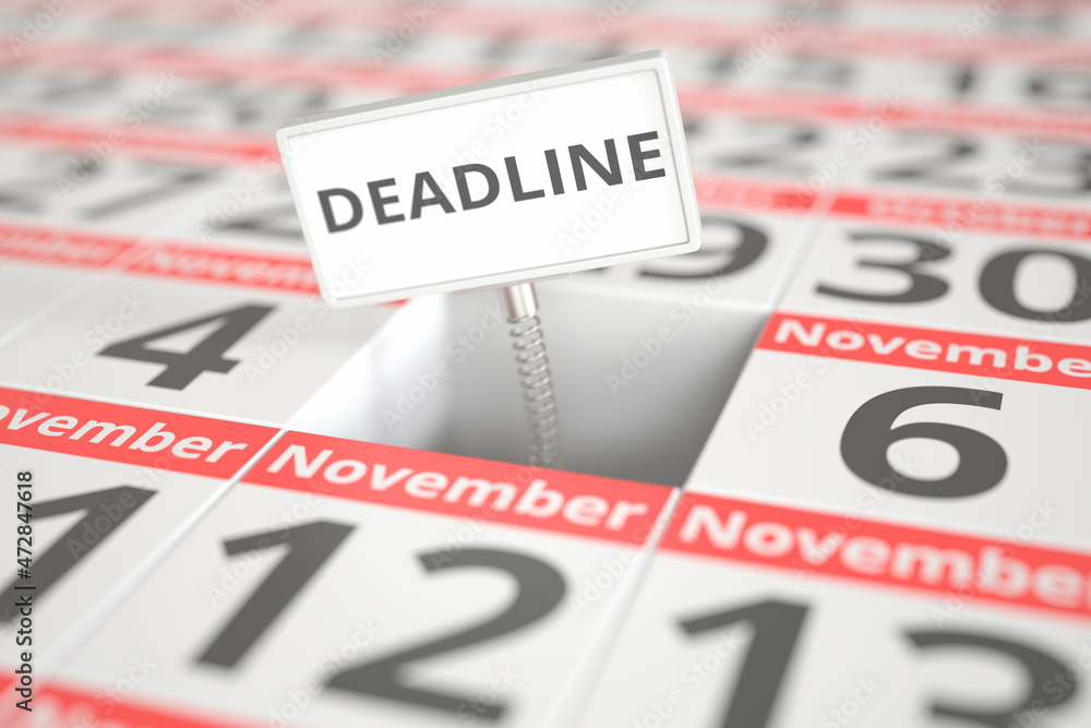 DEADLINE notice on November 5 in a calendar, conceptual 3d rendering DEADLINE notice on November 5 in a calendar, conceptual 3d rendering