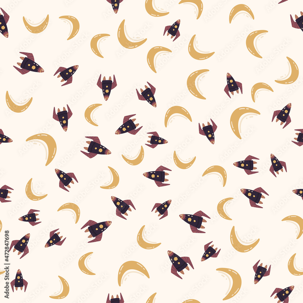Seamless pattern with moon and rockets in space Seamless pattern with moon and rockets in space
