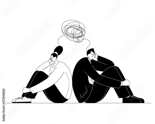 A woman and a man sit with their backs to each other and sort out their confused thoughts. Vector illustration on the psychology of human relations.