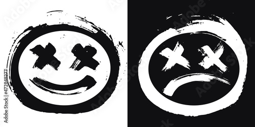 Hand drawn sad, sorrowful, mournful, deplorable, dismal, tragic and smile face. Grunge ink brush stroke isolated on white and black background. Vector illustration