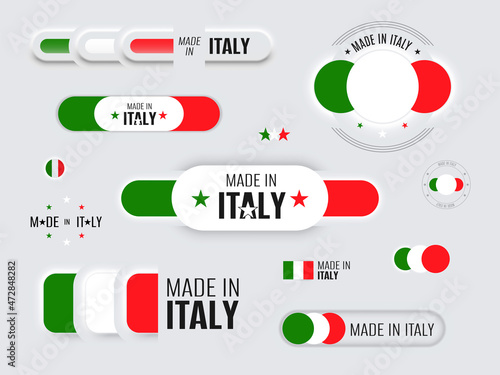 Neomorphic 3d mock up italian flag buttons set on white background. Made in Italy neomorphism trendy concept design element, logo, icon, sign, symbol. Vector illustration