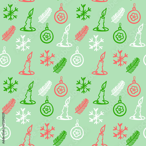 Christmas doodle seamless pattern. Fir tree branch, snow flake, candle, Christmas ball. Green, red and white colors. Hand drawn Xmas, New Year, winter holiday seasonal design