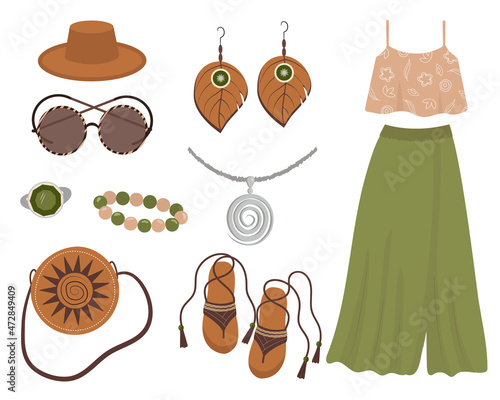 A set of clothes and accessories in a bohemian style. Sunglasses, a hat, a ring with a stone, a pendant on a chain, a bracelet, a round handbag with a pattern, lace-up sandals, a pink top with straps 