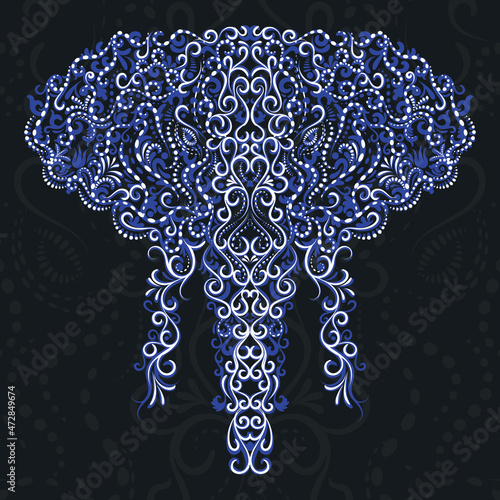 Medium Grayish Blue and White Decorative Filigree Scroll-work Elephant on Darker Grayish Blue Accented Background