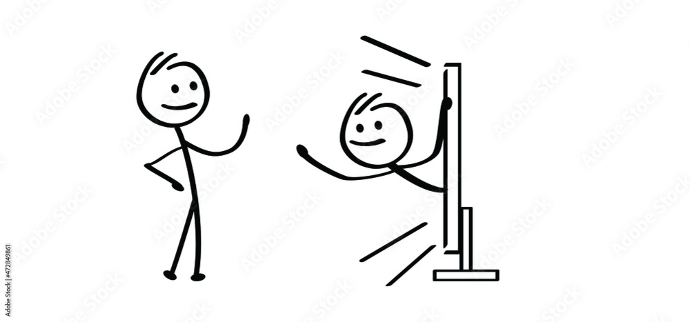Cartoon stickman comes out of the TV, watch a 3d movie. Stick figure,  person says hello or greeting. Drawing TV or television symbol. Vector TV  screen sign. Stock Vector | Adobe Stock
