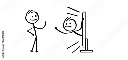 Cartoon stickman comes out of the TV, watch a 3d movie. Stick figure, person says hello or greeting. Drawing TV or television symbol. Vector TV screen sign.