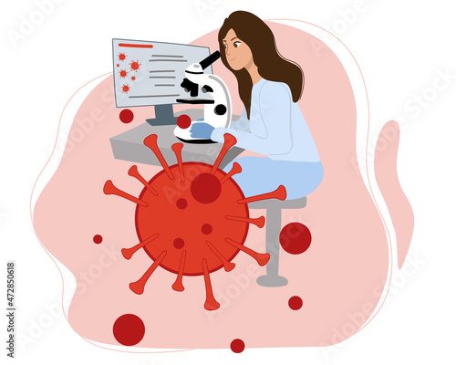 Medical woman working in a vaccine development science laboratory. Scientists are developing a coronavirus vaccine, omicron and others. Laboratory analysis. Flat vector.