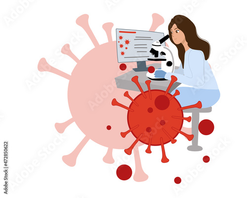 Medical woman working in a vaccine development science laboratory. Scientists are developing a coronavirus vaccine, omicron and others. Laboratory analysis. Flat vector.
