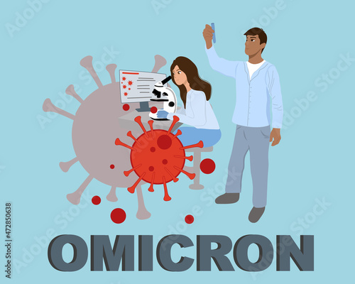 Medical people work in a vaccine development science laboratory. Scientists are developing a vaccine against omicron. Laboratory analysis. Flat vector.