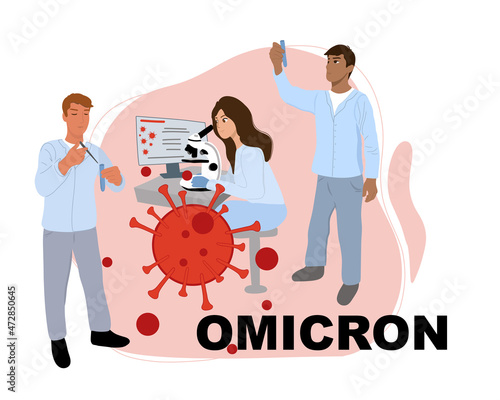 Medical people work in a vaccine development science laboratory. Scientists are developing a vaccine against omicron. Laboratory analysis. Flat vector.