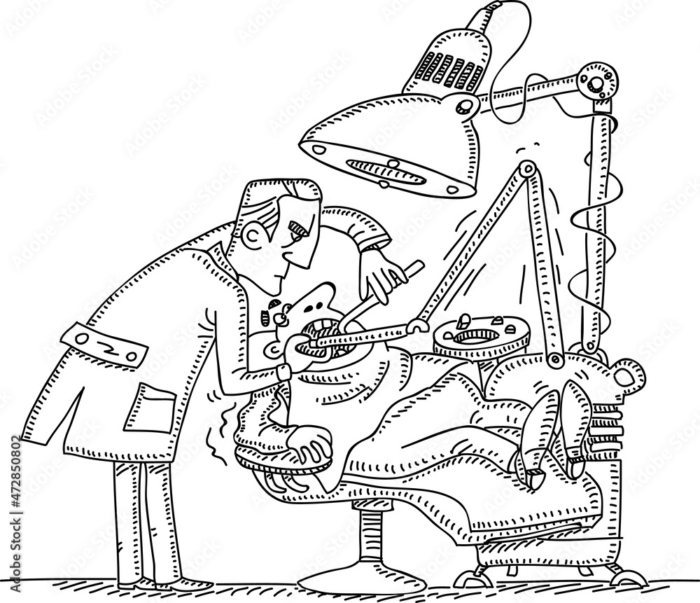 Dentist treats teeth of the patient.ю Sketchy vector hand-drawn illustration.
