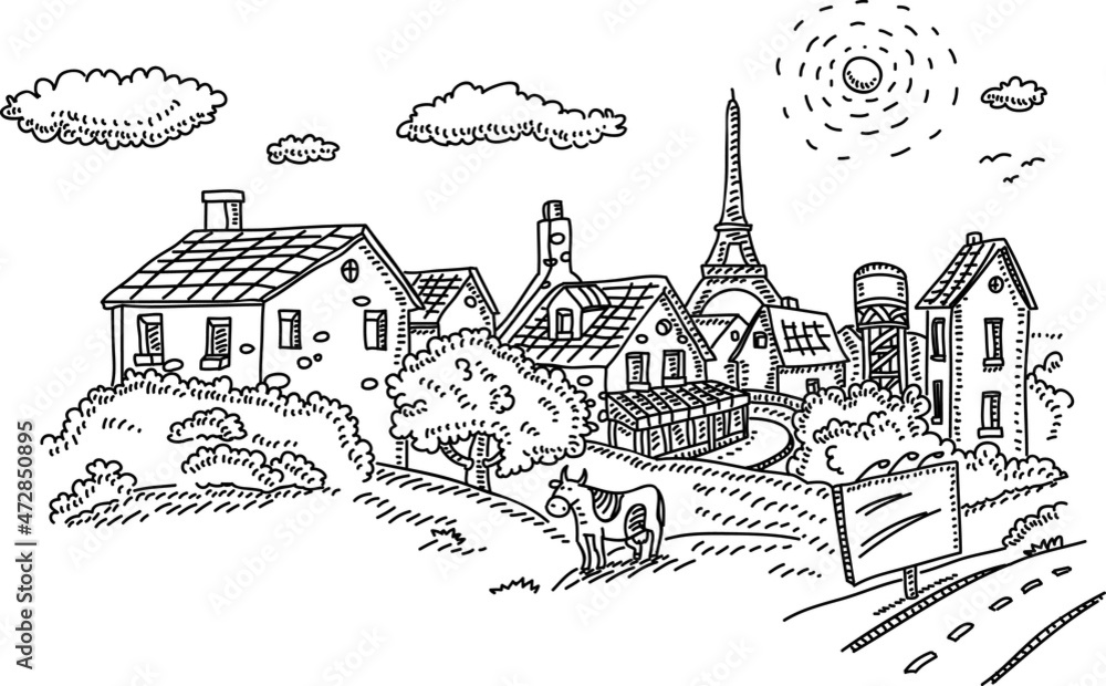 Village in France. Paris. Sketchy vector illustration.