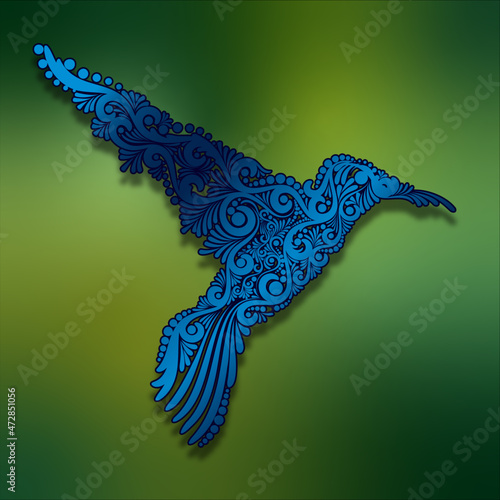 Blue Decorative Filigree Scroll-work Hummingbird on Green and Yellow Gradient Background