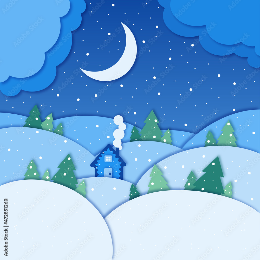 Snowy winter landscape background vector illustration in paper cut style. Nature, forest, wood, fir trees, moon, clouds, sky, house in white, blue, green colors