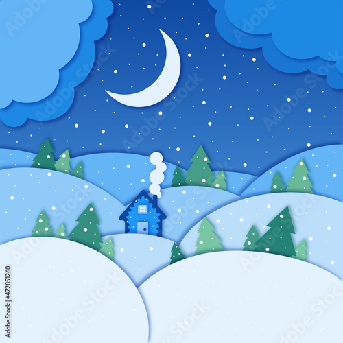 Snowy winter landscape background vector illustration in paper cut style. Nature, forest, wood, fir trees, moon, clouds, sky, house in white, blue, green colors