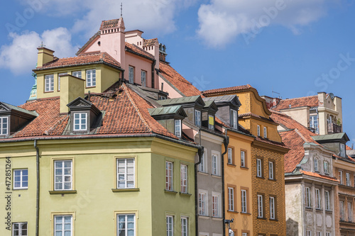 Townhouses seen from Castle square on the Old Town of Warsaw city, Poland