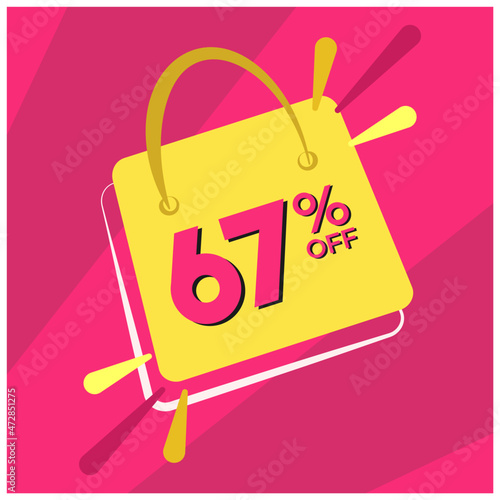 67 percent discount. Pink banner with floating bag for promotions and offers