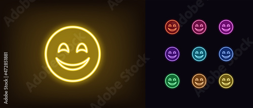 Outline neon emoji icon. Glowing neon cute emoji sign, smiley emoticon pictogram in vivid colors