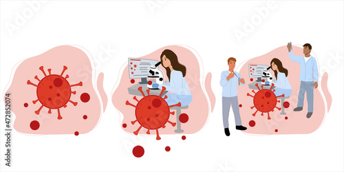 Omicron virus. Medical people work in a vaccine development science laboratory. Set. Scientists are developing a vaccine against omicron. Laboratory analysis. Flat vector.