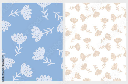 Cute Hand Drawn Floral Vector Patterns. Light Blue and Beige Flowers Isolated on a Blue and White Background. Infantile Style Abstract Garden Repeatable Print.