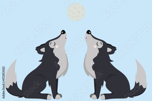 Howling wolves isolated on the moon. Gray shaggy dog. Hand drawn vector illustration