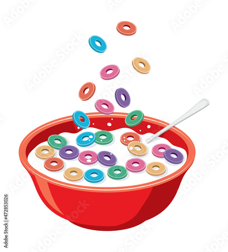 vector red bowl with cereals in milk