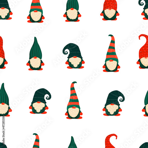 Gnome christmas seamless pttern. Christmas Scandinavian small gnomes in a New Year santa hat. Pattern of flat cartoon hand drawn characters. Stock vector illustration isolated on white background.