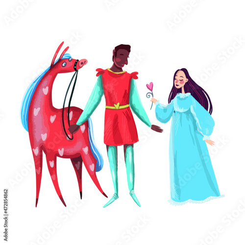 Love of Prince and Princess on a red horse in hearts.