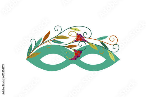 Carnival mask in Venice, Brazil. Vector isolated face decoration with flowers, leaves, berries. Accessory for the celebration of a masquerade, costume party, ball.