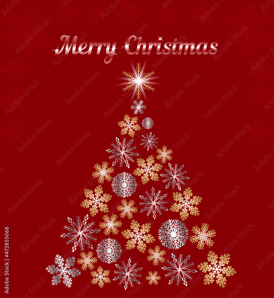 The image of a Christmas tree, which is created from bright snowflakes. Merry Christmas on a red background with snowflakes. Vector illustration The image of a Christmas tree, which is created from bright snowflakes. Merry Christmas on a red background with snowflakes. Vector illustration