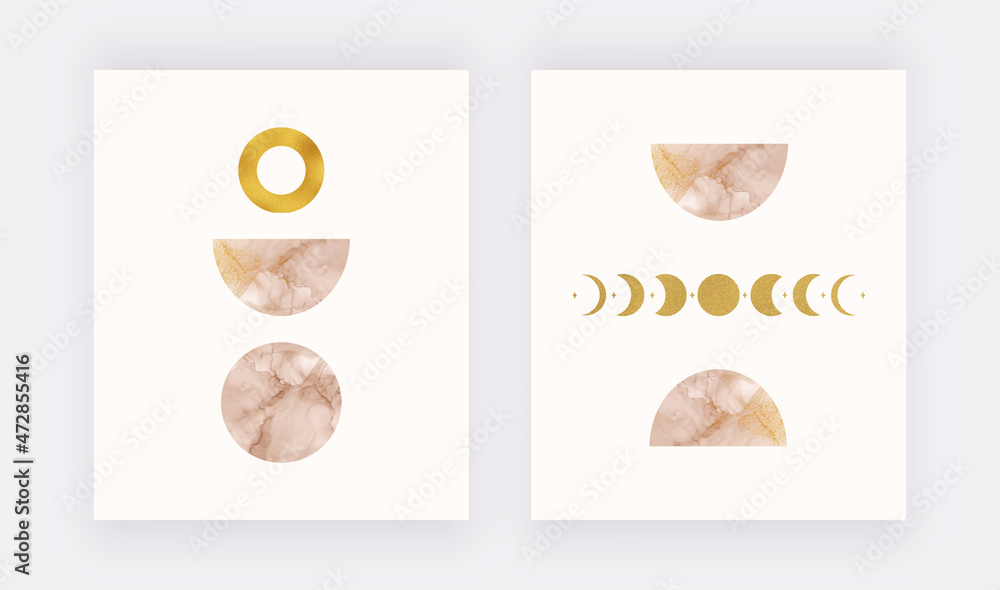 Boho geometric wall art prints with nude shapes and golden moon phases