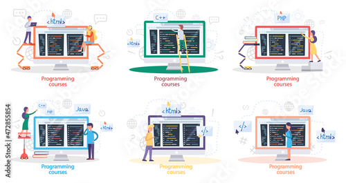 Programming courses online education, coding learning. Information technology teaching, IT lessons for all levels, computing and hi tech training concept. Software development educational platform