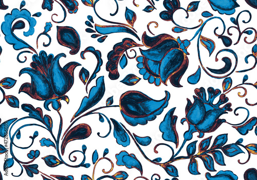 Paisley watercolor floral pattern tile: flowers, flores, tulips, leaves. Oriental indian traditional hand painted water color whimsical seamless print, ceramic design. Abstract india batik background