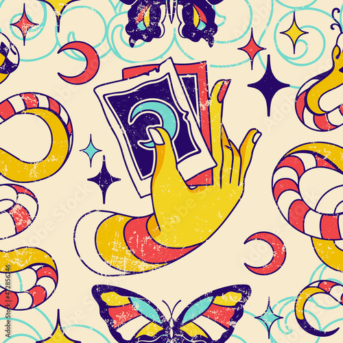 Vintage tarot seamless pattern with human hand holding magic cards, witchcraft symbols: crescent moon, sun, snake, night butterflies. Vector celestial surreal illustration, retro background