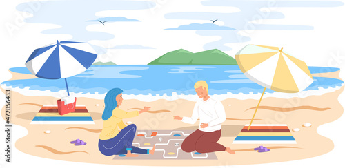 Couple playing board game sitting on sandy beach. Friends enjoy indoor activity in summer vacation. Cartoon character guy and girl having fun outdoors together, resting on weekend with tablegame photo