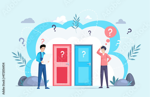 Making confusion. Men think about solution to problem, chooses which door to open. Doubt and struggle about strategy, path direction with symbolic question marks. Search for right answer, dilemma