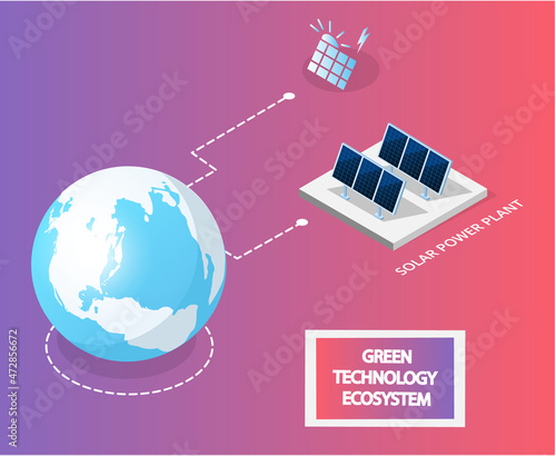 Solar power plant for clean environmentally friendly alternative energy. Solar panels for electricity producing, renewable net energy. Power production using green technology, industrial development