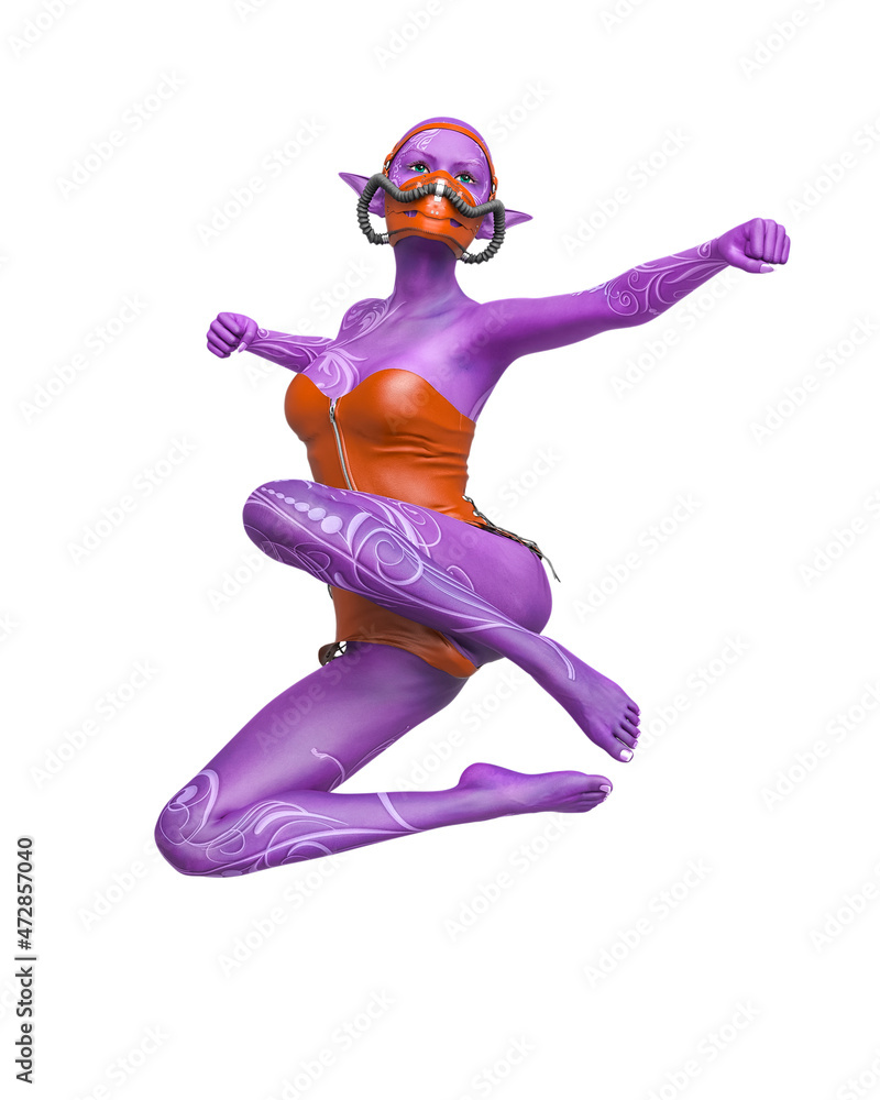 blue elf is doing a free style jump in white background