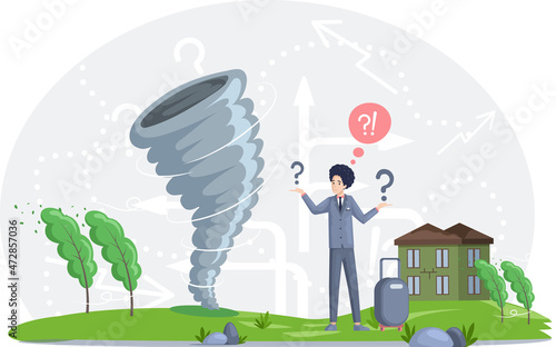 Solving problem of environmental disasters. Huge tornado destroying houses and buildings on its Path. Male scientist is studying issue of tornadoes. Person thinks about catastrophe makes decision