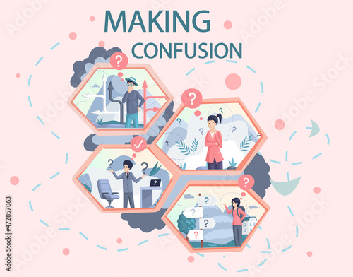 People making decision, solve their doubts, make confusion choose path. Worried person thinking about problem, doing difficult choice, deep in thought, doubts, making important solution with question