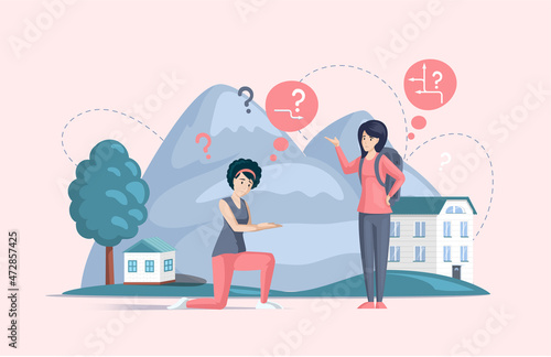 Making confusion. Pensive girl thought about solution to problem, choose right answer consults with friend. Career, life and question decision process. Person thinks hesitates to make ones choice
