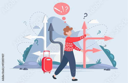 Making confusion choice of path. Man thought about solution to problem choose options person concept. Career, life and question decision. Person traveler with bag thinks hesitates to make ones choice